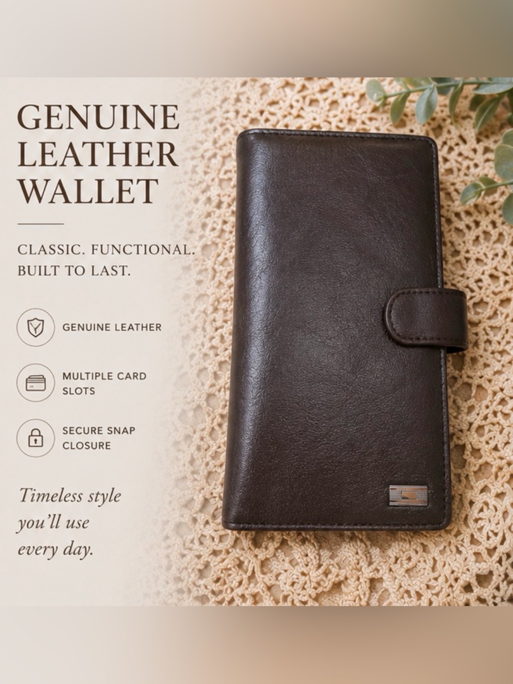Vintage Genuine Leather Checkbook Wallet Brown‎ Snap Organizer